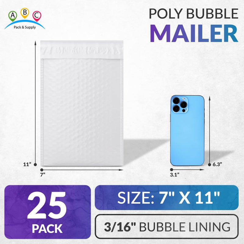 ABC PACK & SUPPLY Poly Bubble Mailers, 7 x 11 Inch. Pack of 25 White Padded Envelopes Self Seal. Tear-Proof Gift Bubble Envelopes. Waterproof Packaging for Small Business. Cushioning Book Mailers - Image 2